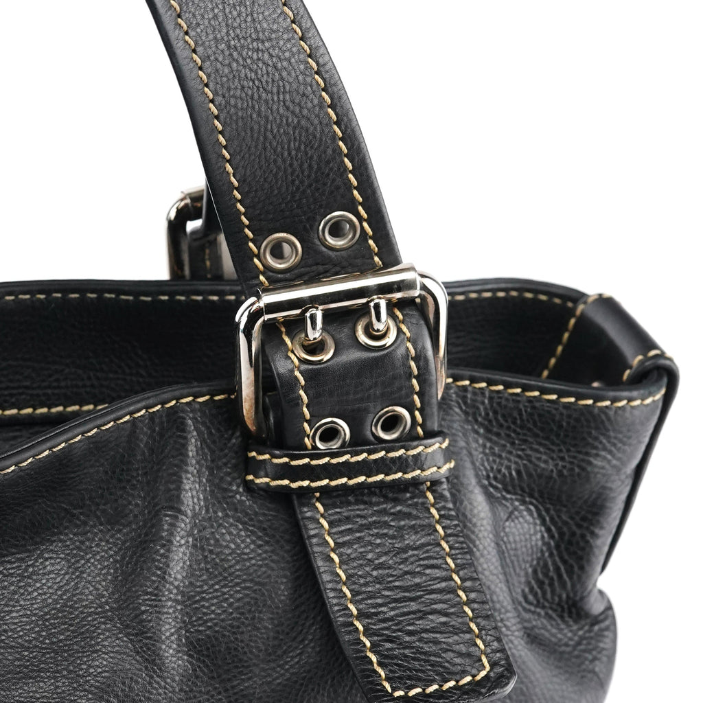 Black Leather Pocket Tote Bag