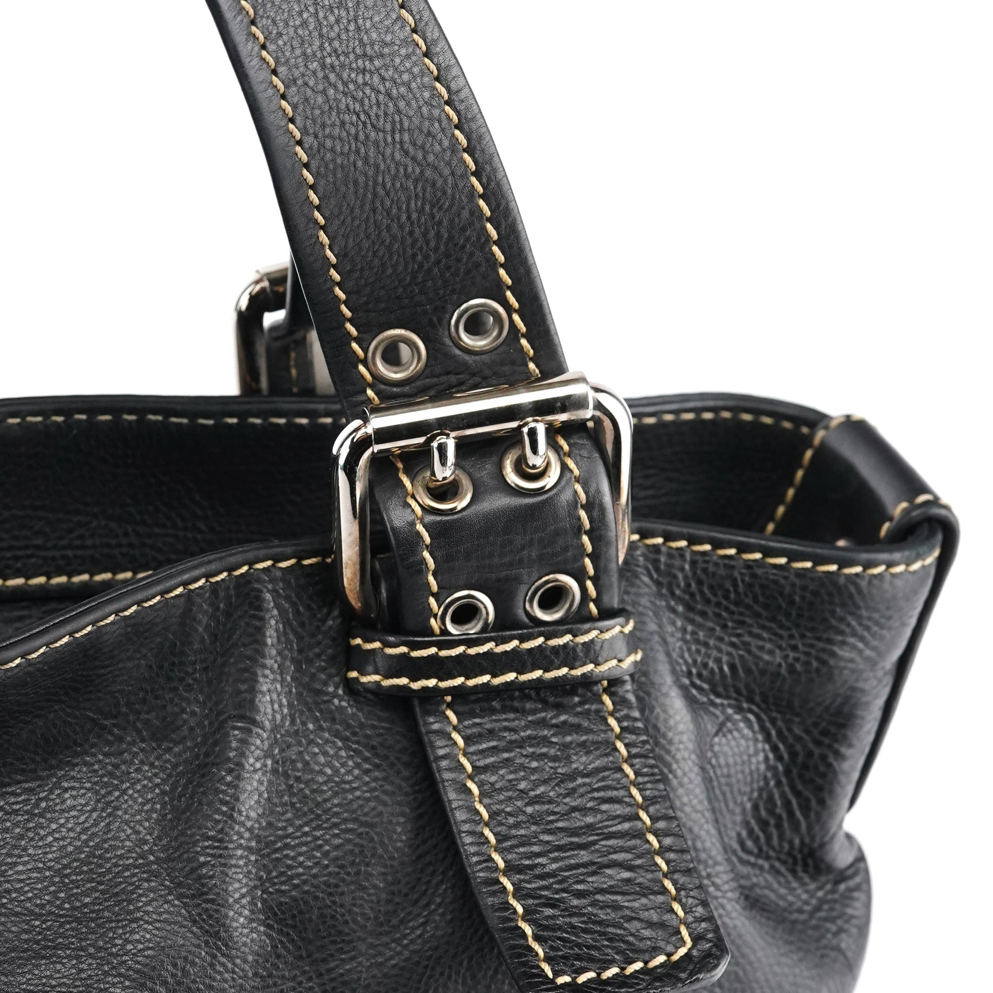 Black Leather Pocket Tote Bag