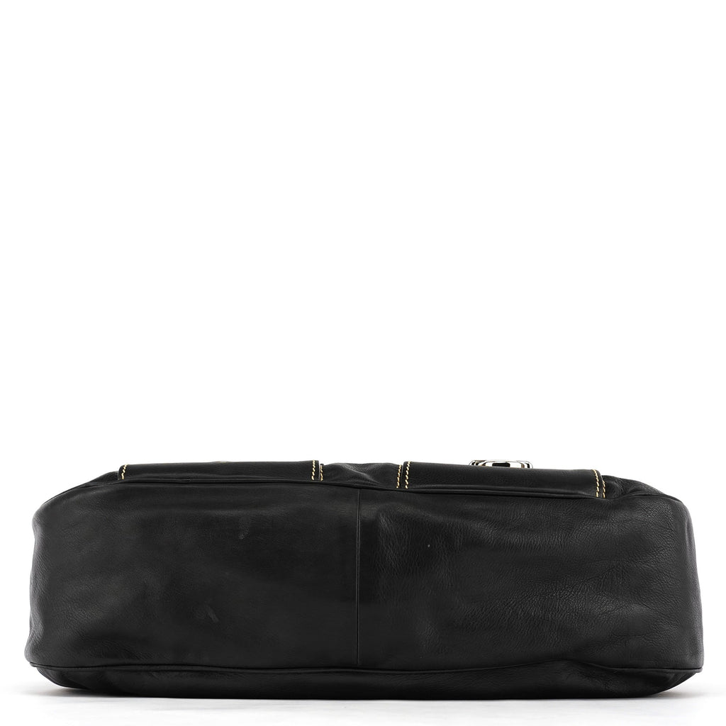 Black Leather Pocket Tote Bag