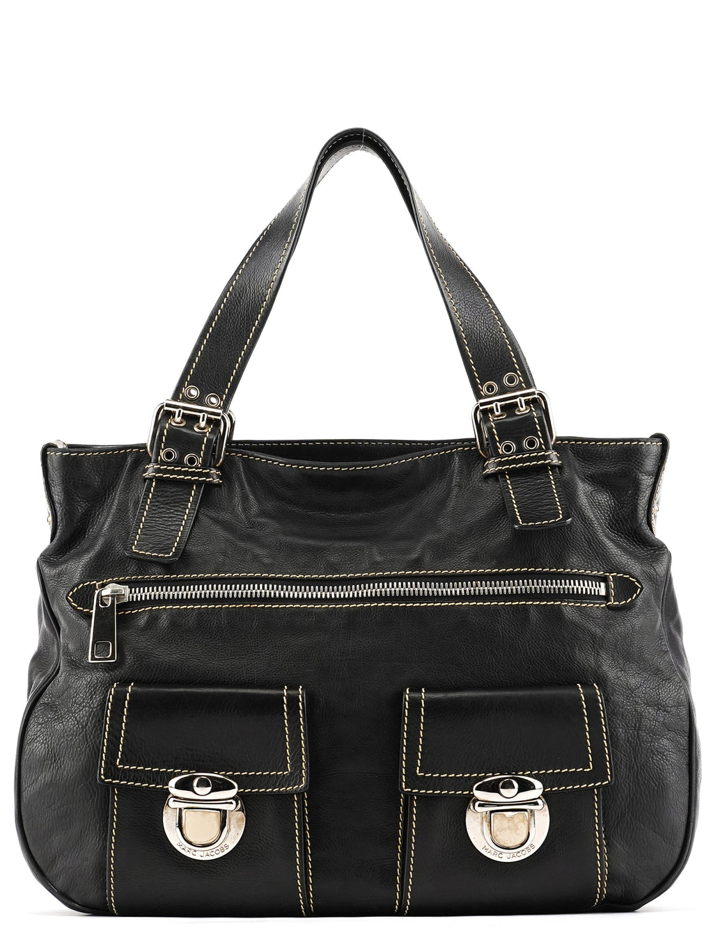 Black Leather Pocket Tote Bag