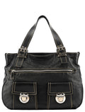 Black Leather Pocket Tote Bag