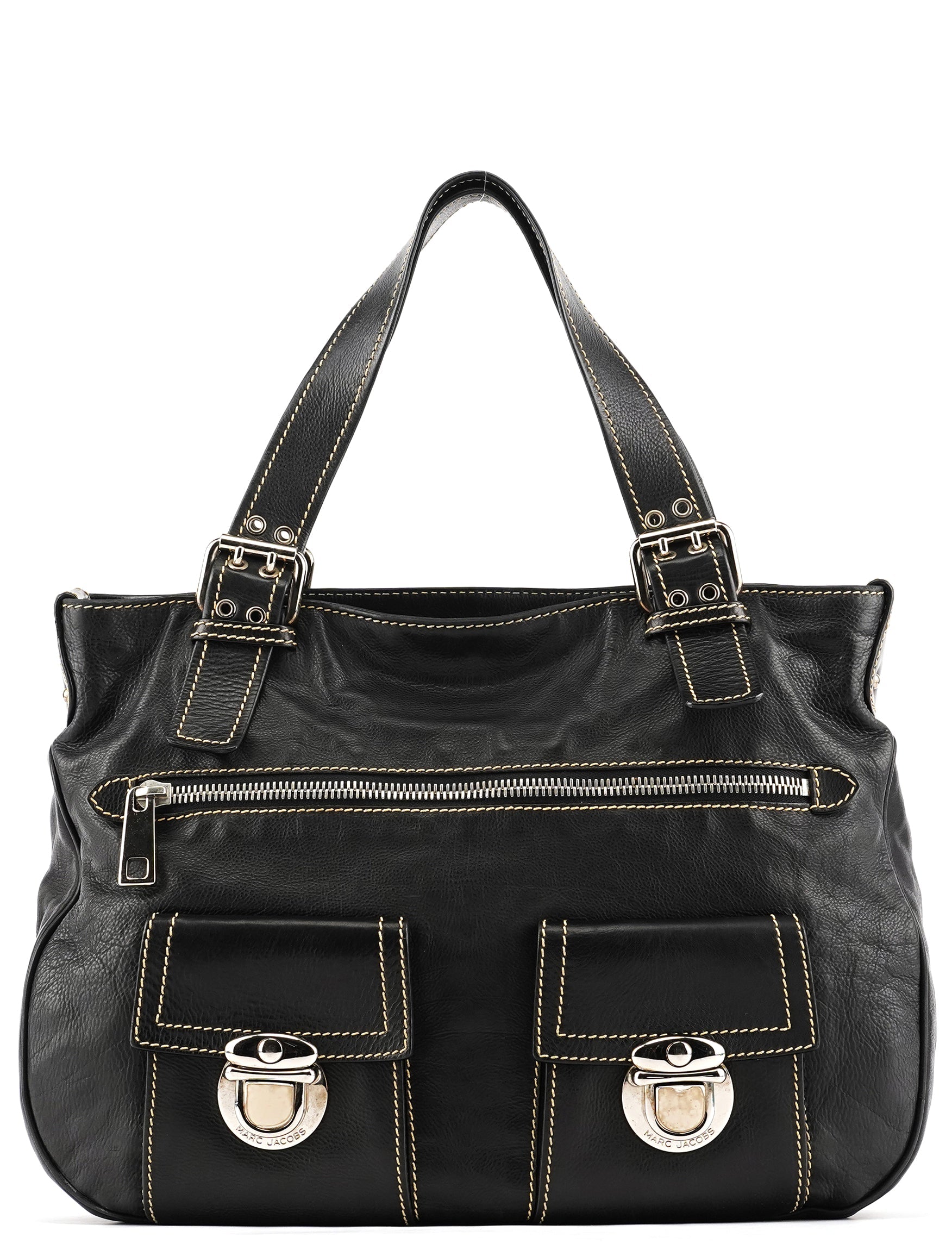 Black Leather Pocket Tote Bag