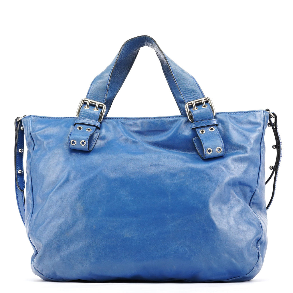 Blue Leather Multi-Pocket 2-Way Tote Bag