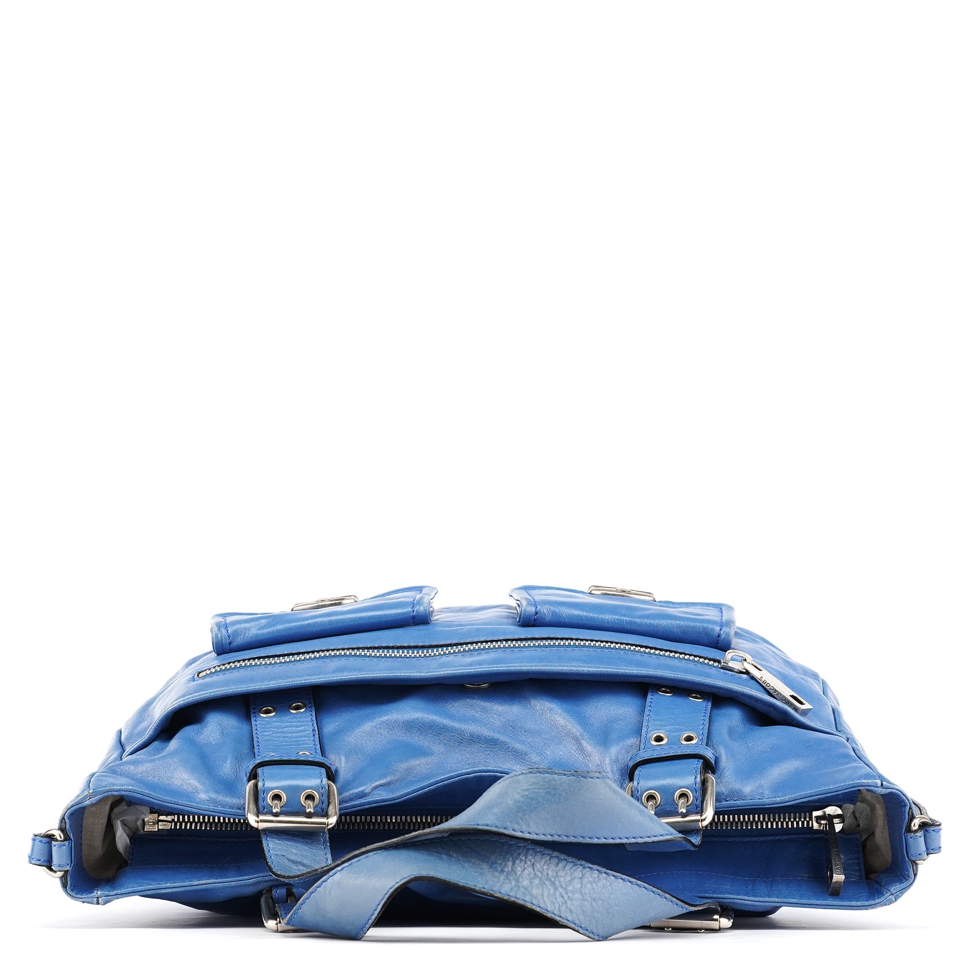 Blue Leather Multi-Pocket 2-Way Tote Bag
