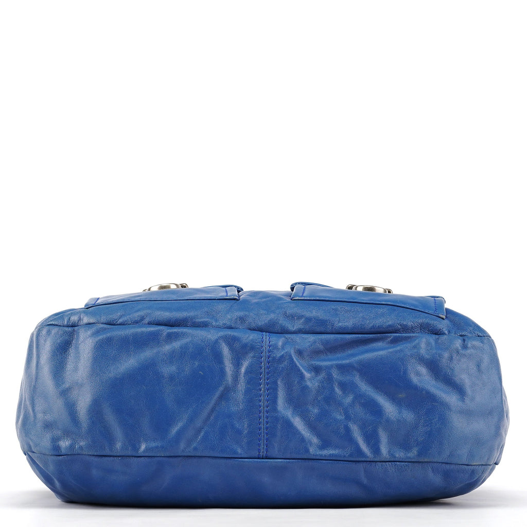 Blue Leather Multi-Pocket 2-Way Tote Bag