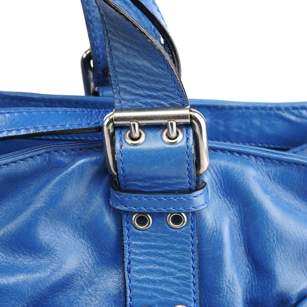 Blue Leather Multi-Pocket 2-Way Tote Bag