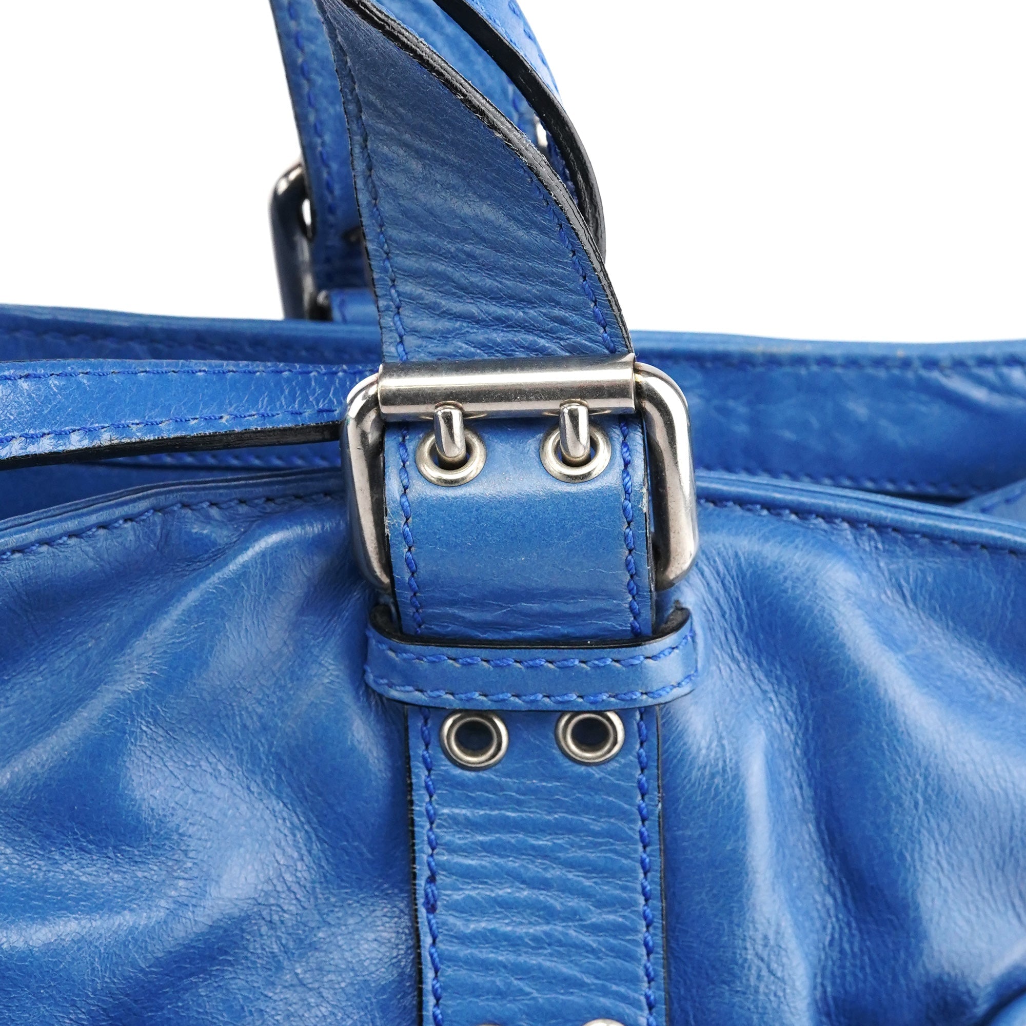Blue Leather Multi-Pocket 2-Way Tote Bag