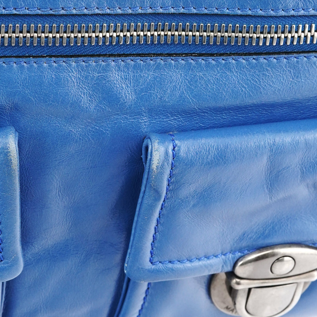 Blue Leather Multi-Pocket 2-Way Tote Bag