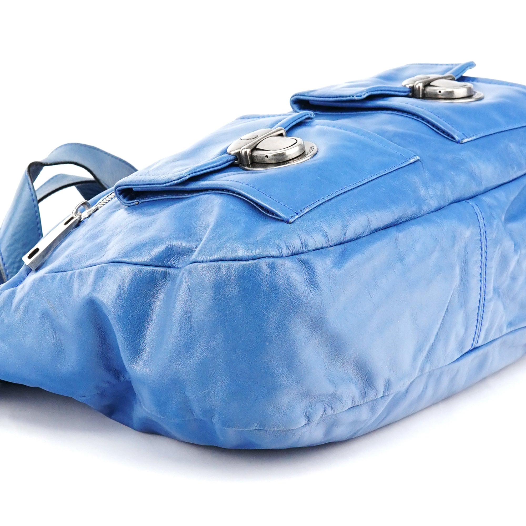 Blue Leather Multi-Pocket 2-Way Tote Bag