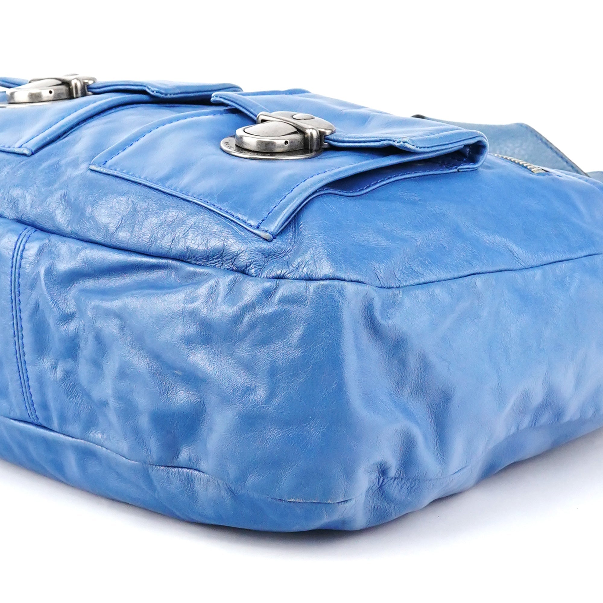 Blue Leather Multi-Pocket 2-Way Tote Bag