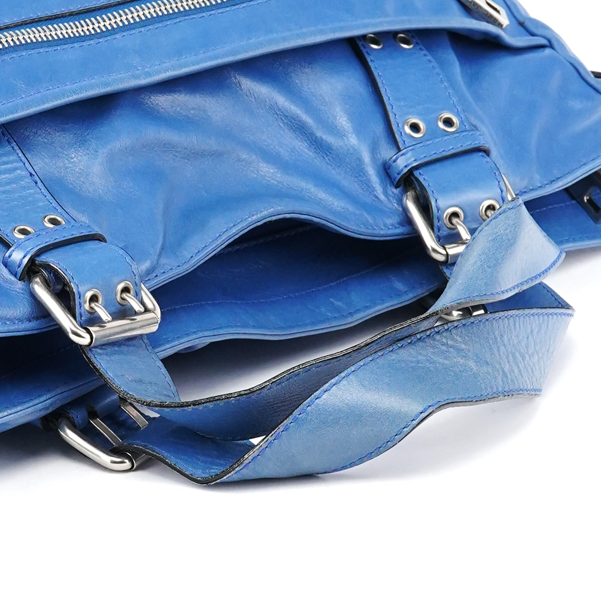 Blue Leather Multi-Pocket 2-Way Tote Bag