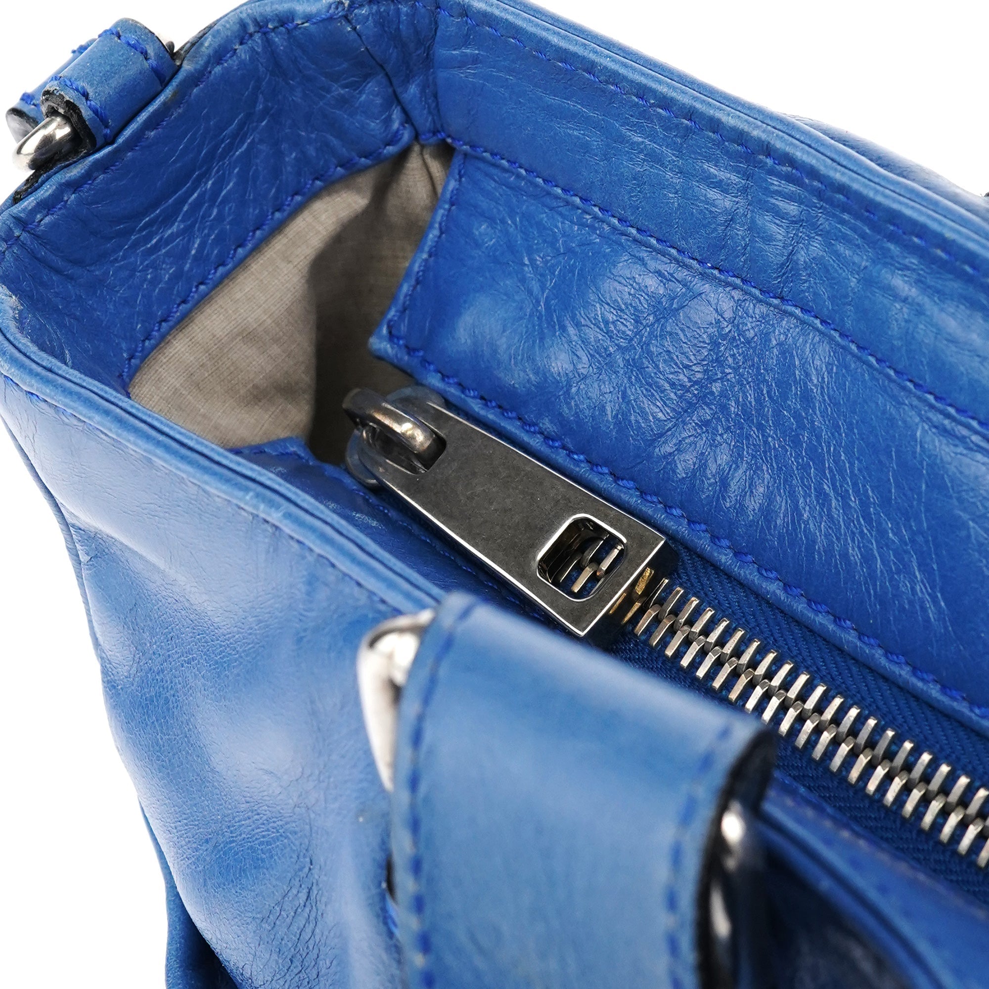 Blue Leather Multi-Pocket 2-Way Tote Bag