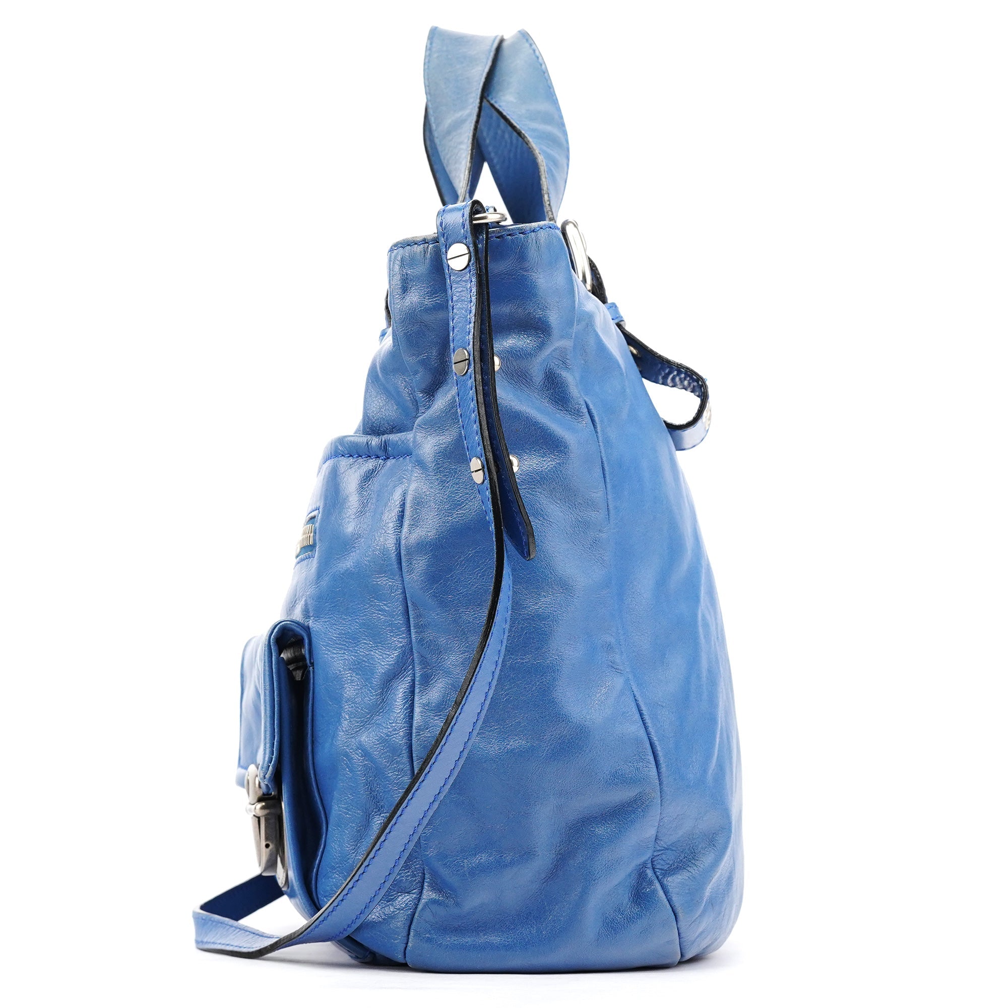 Blue Leather Multi-Pocket 2-Way Tote Bag