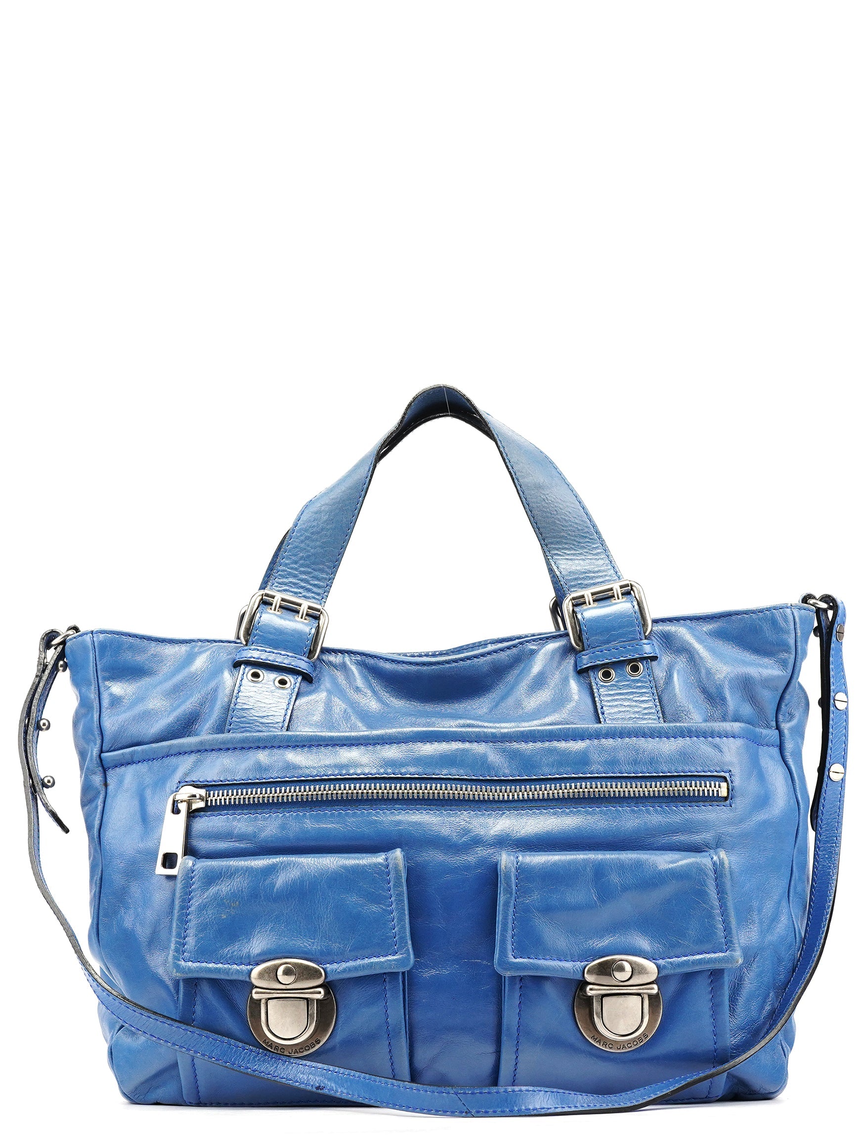 Blue Leather Multi-Pocket 2-Way Tote Bag