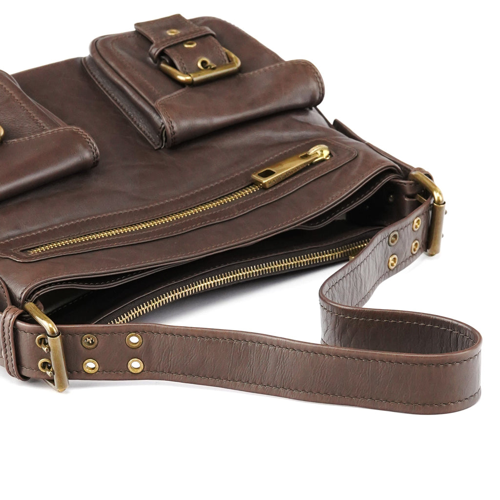Brown Leather Multi-Pocket Shoulder Bag