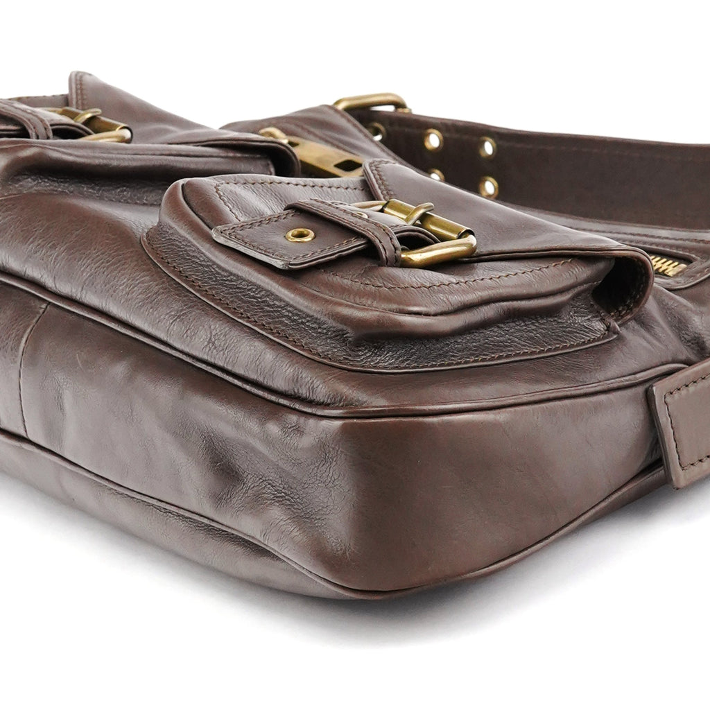 Brown Leather Multi-Pocket Shoulder Bag