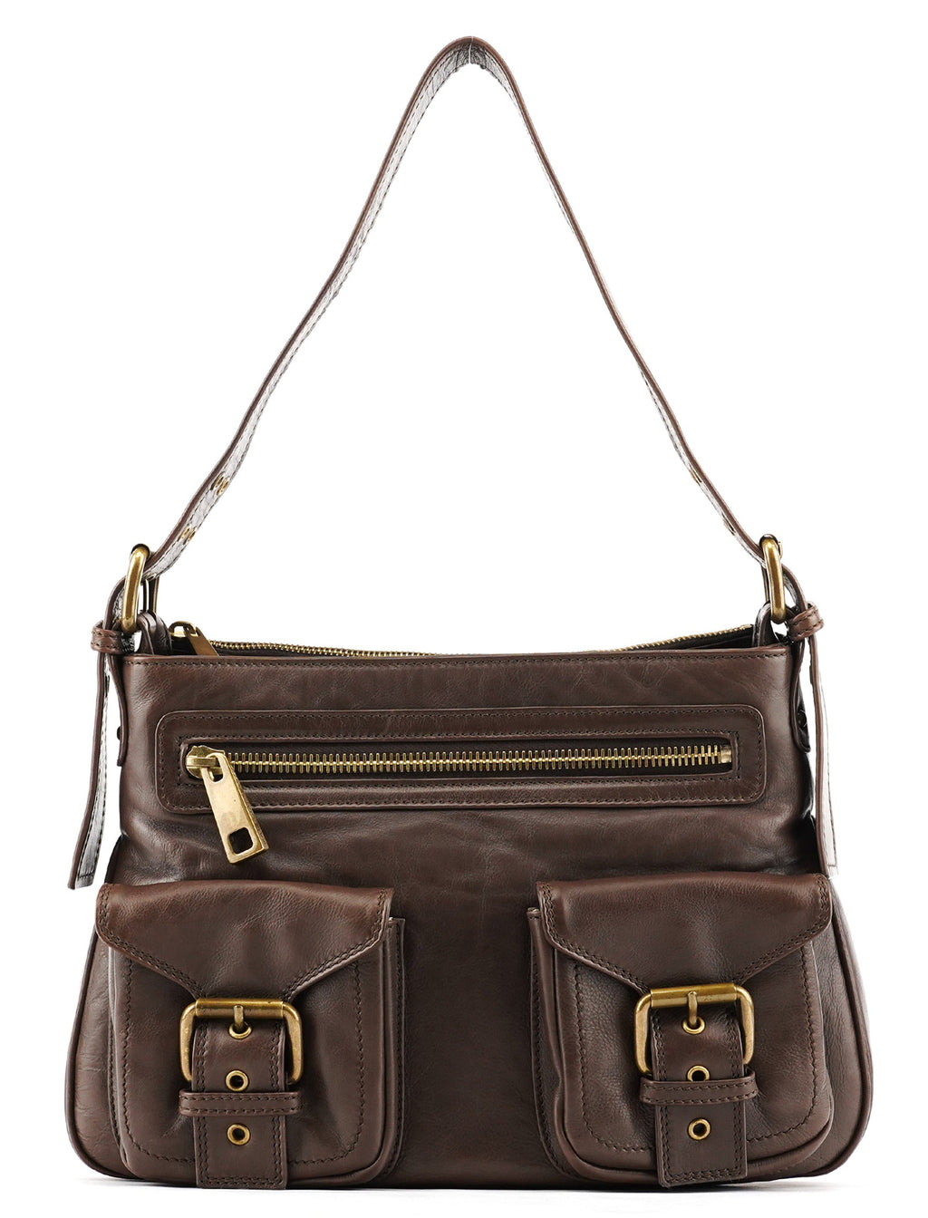 Brown Leather Multi-Pocket Shoulder Bag