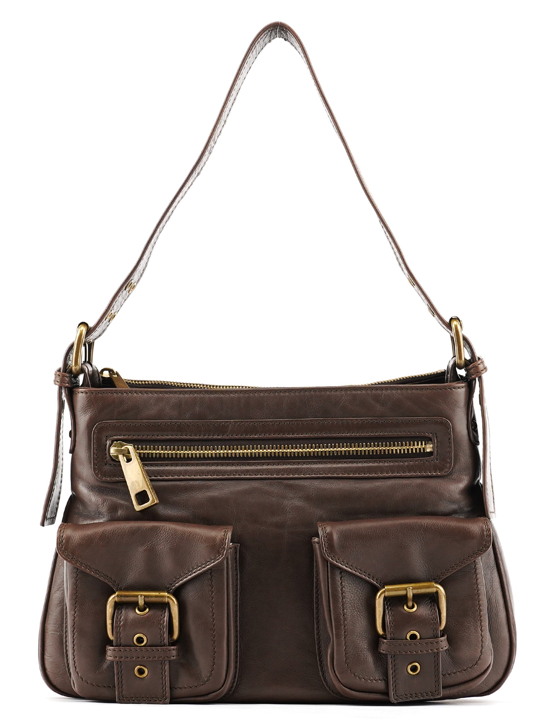 Brown Leather Multi-Pocket Shoulder Bag