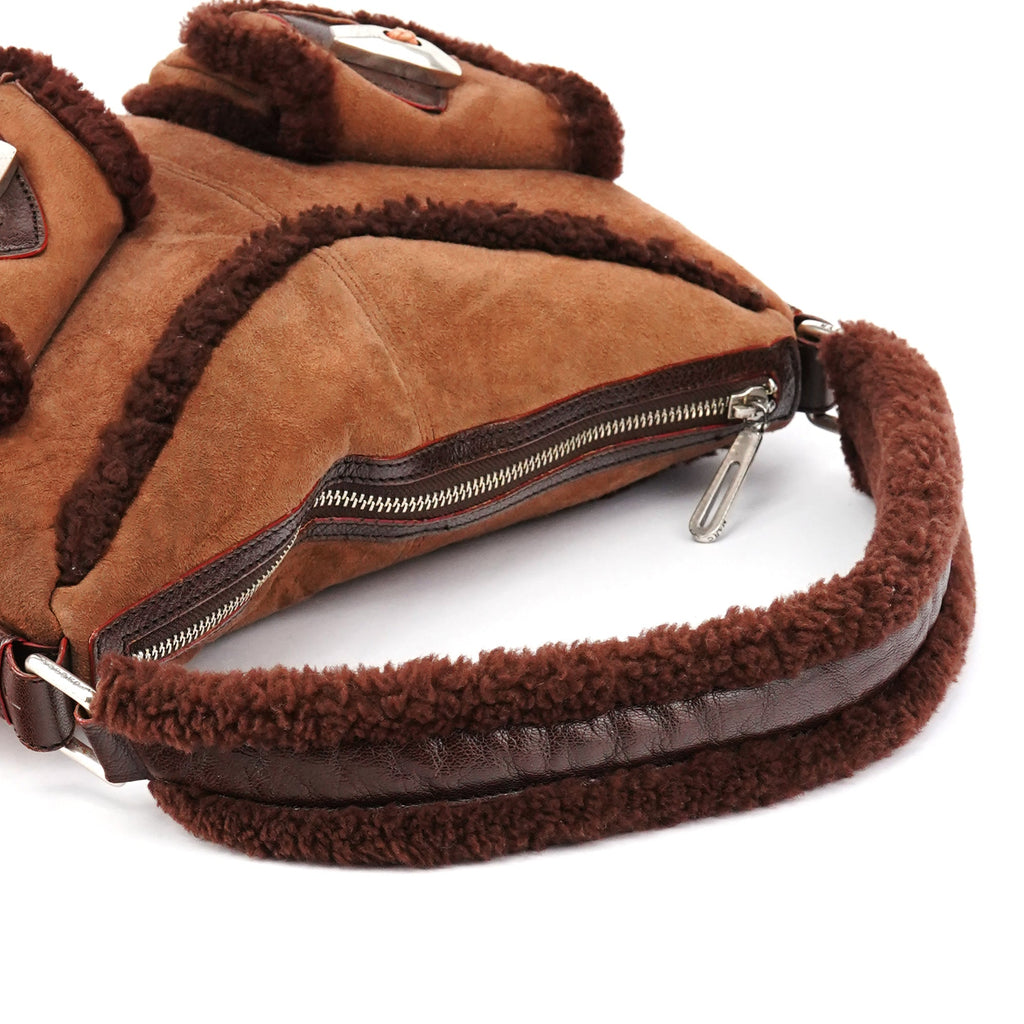 Brown Shearling Suede Pocket Shoulder Bag