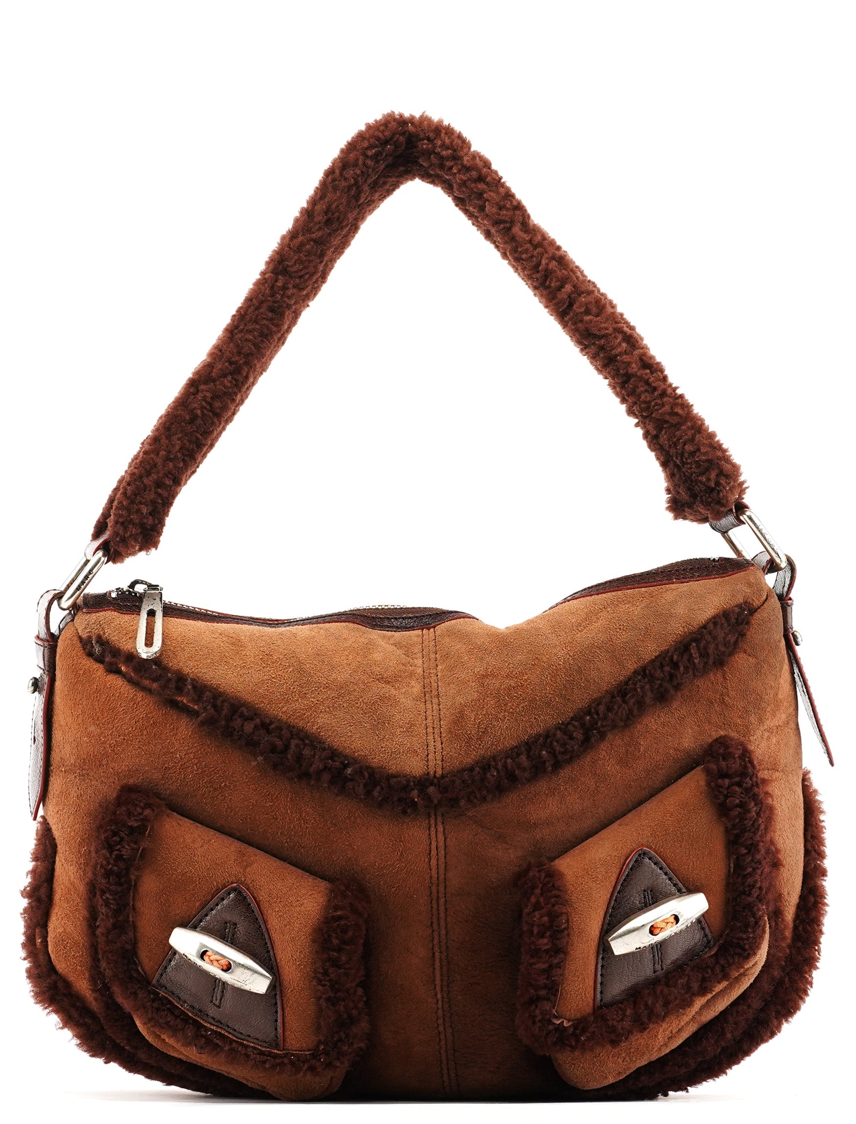 Brown Shearling Suede Pocket Shoulder Bag