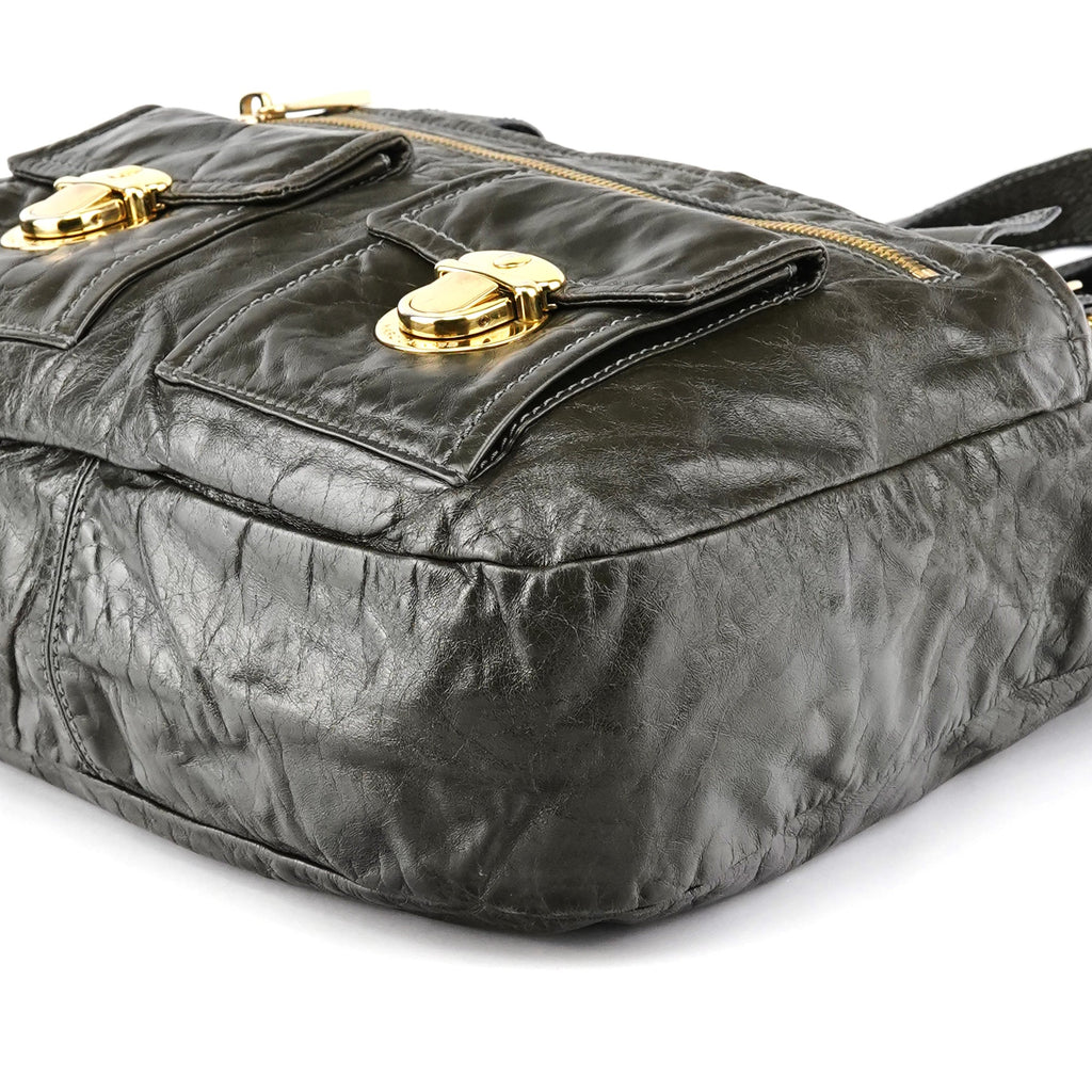 Dark Green Leather Multi Pocket 2-Way Bag