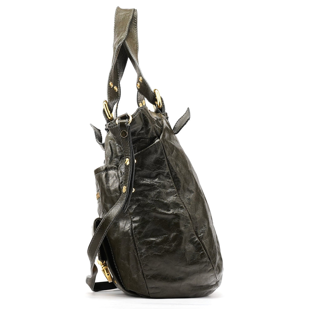 Dark Green Leather Multi Pocket 2-Way Bag