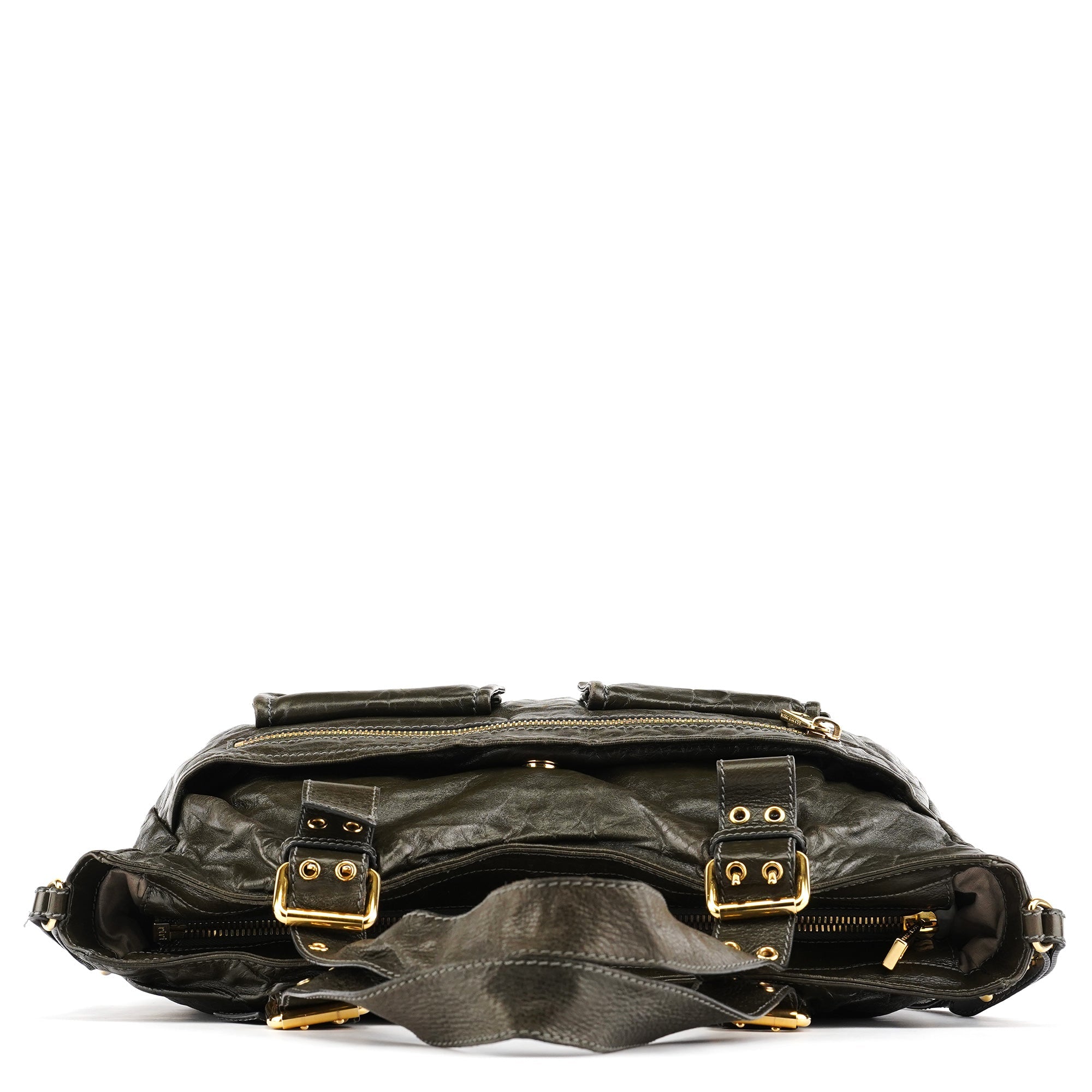 Dark Green Leather Multi Pocket 2-Way Bag