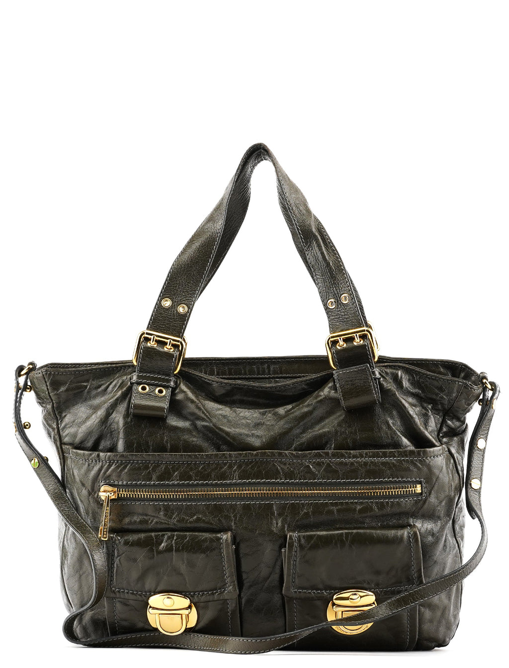 Dark Green Leather Multi Pocket 2-Way Bag