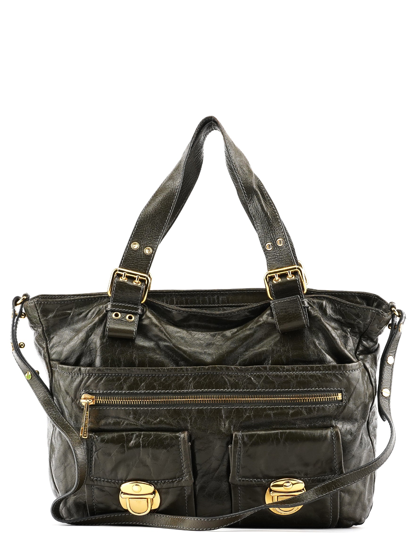 Dark Green Leather Multi Pocket 2-Way Bag