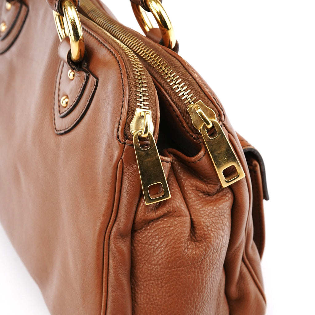 Light Brown Leather Multi Pocket Tote Bag