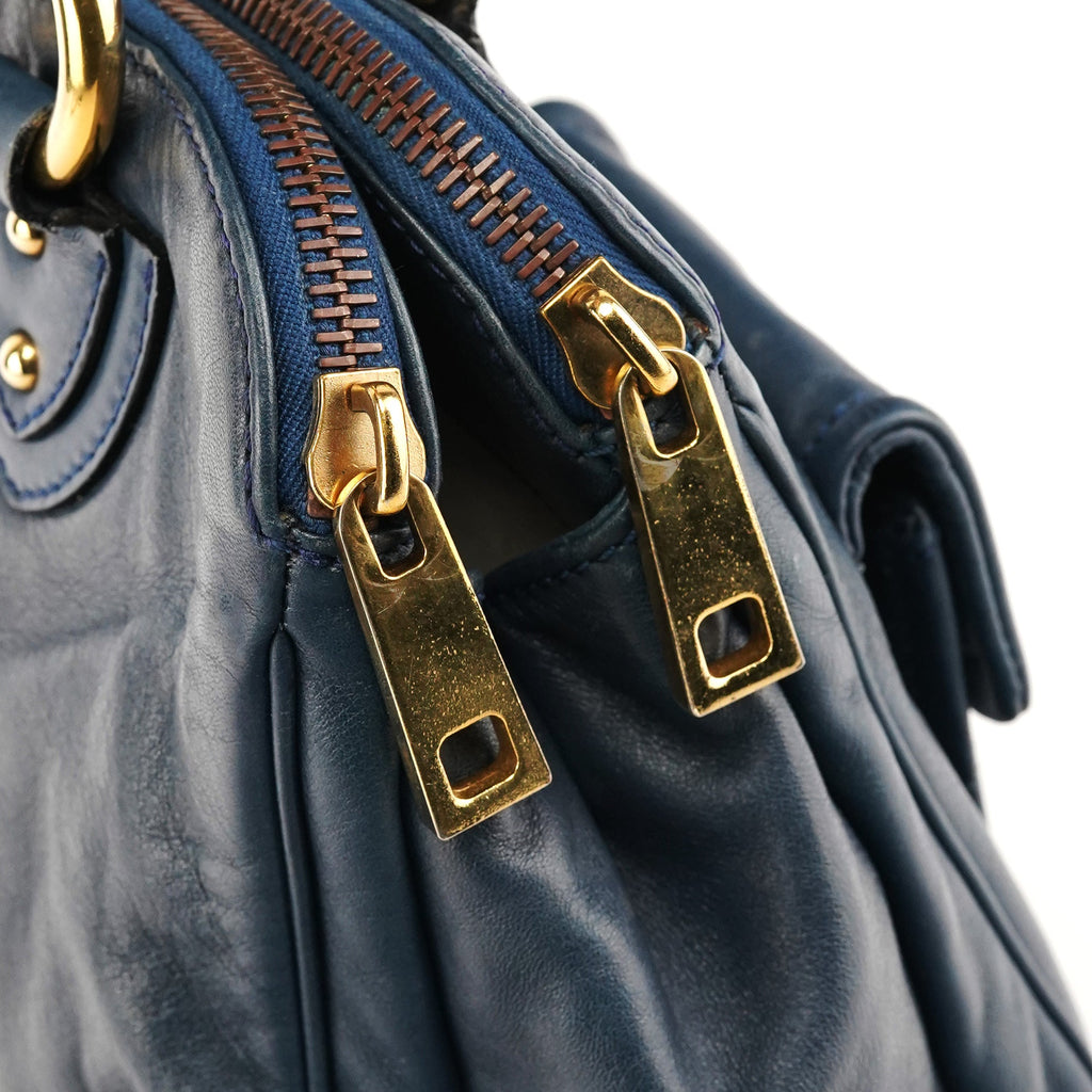 Navy Leather Multi-Pocket Tote Bag