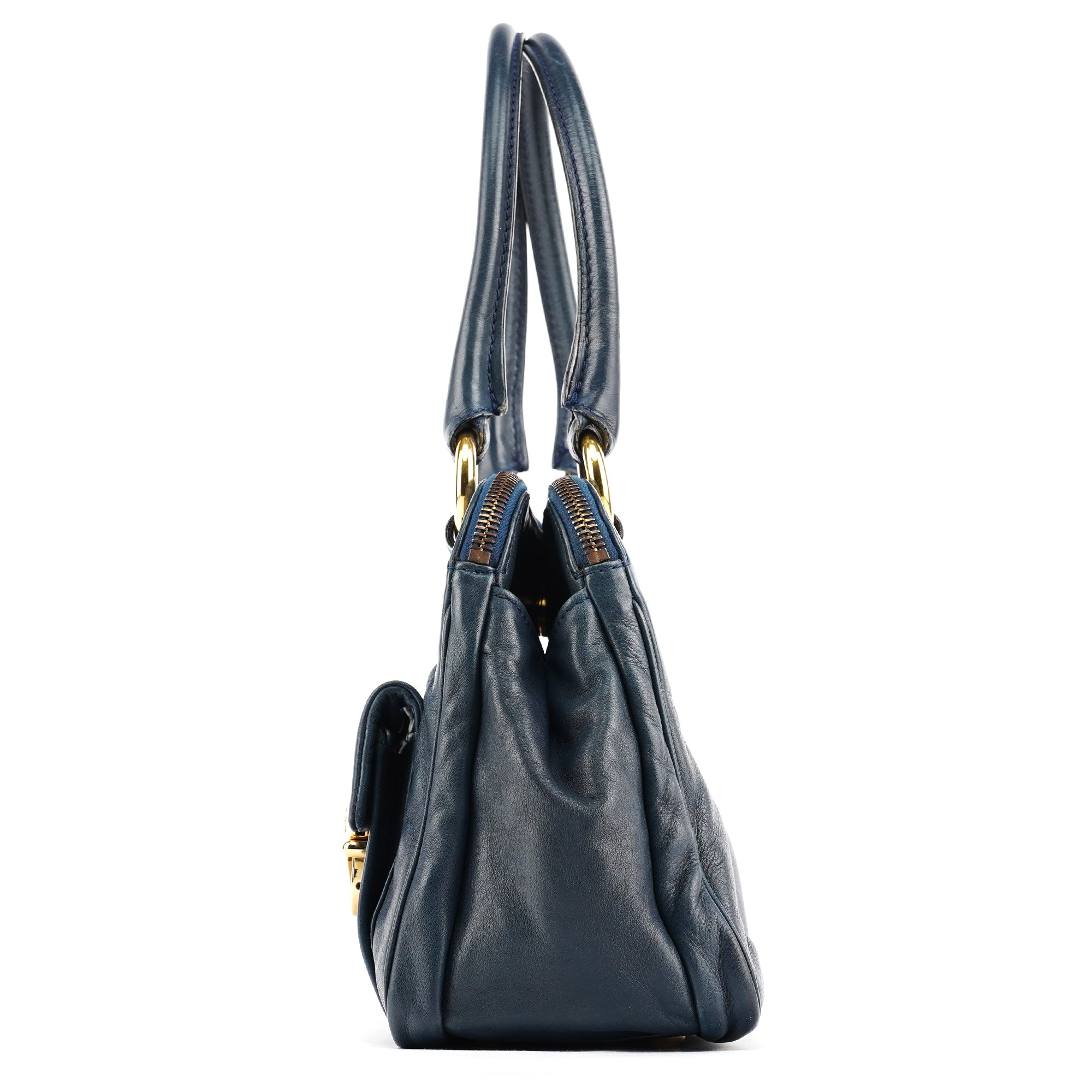 Navy Leather Multi-Pocket Tote Bag