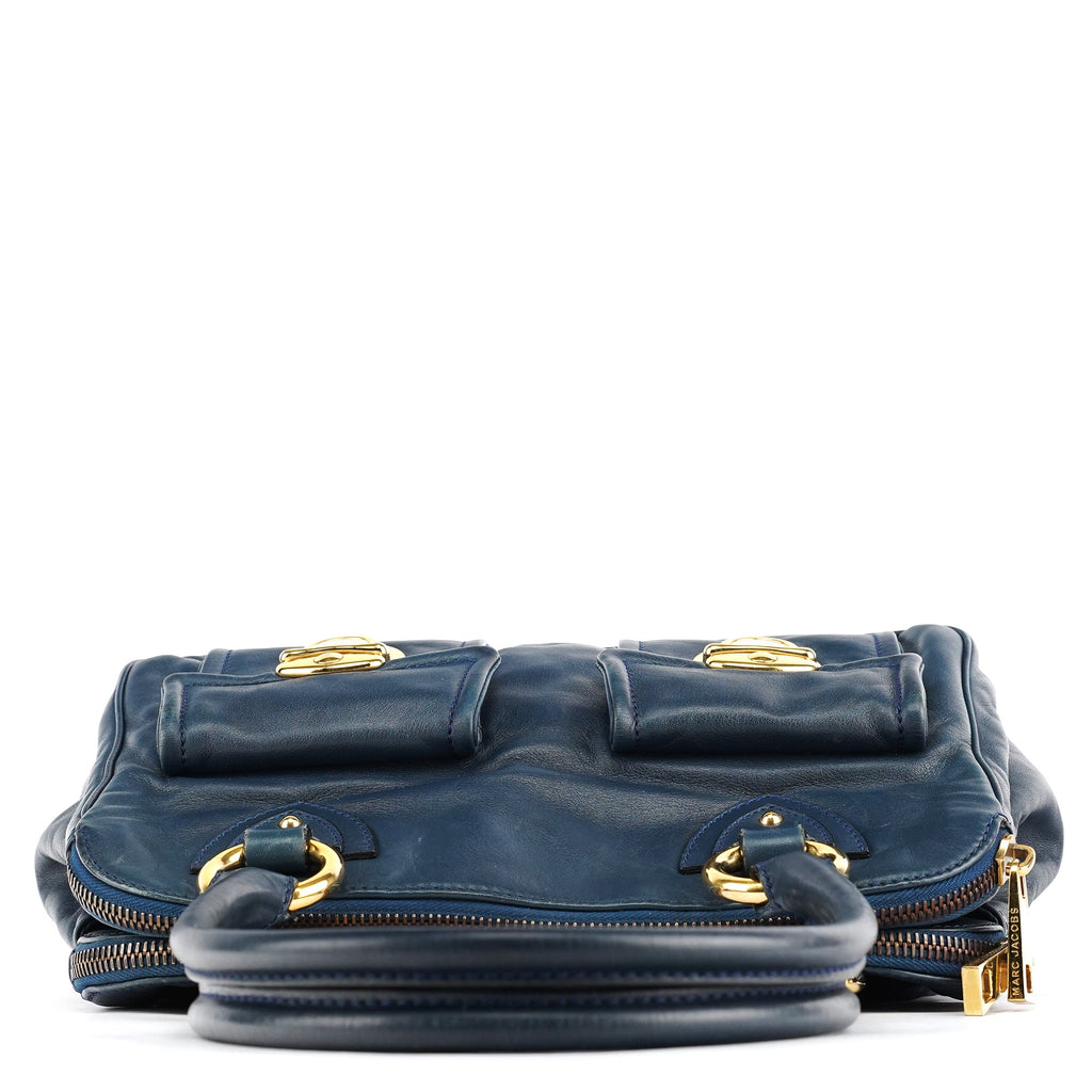 Navy Leather Multi-Pocket Tote Bag
