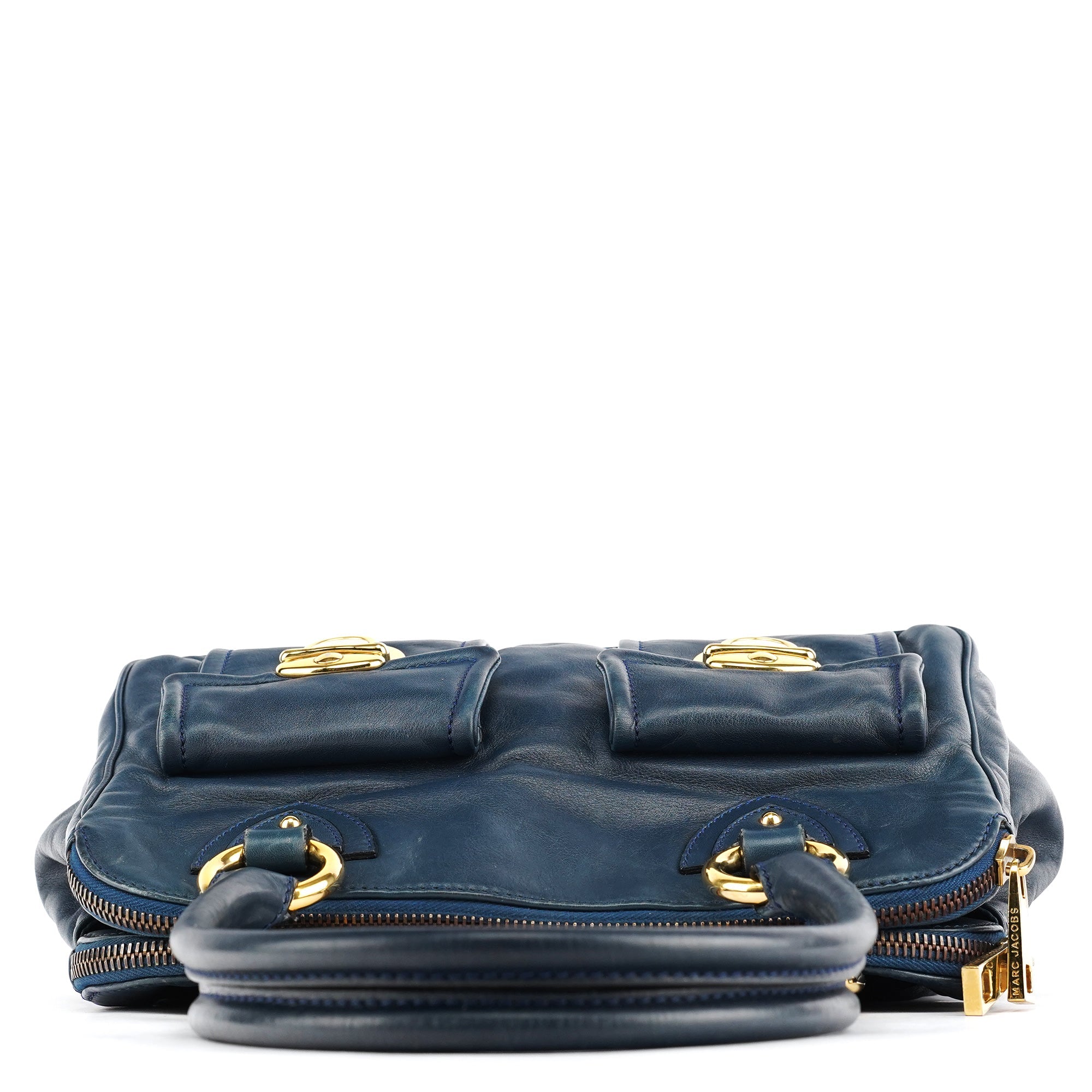 Navy Leather Multi-Pocket Tote Bag