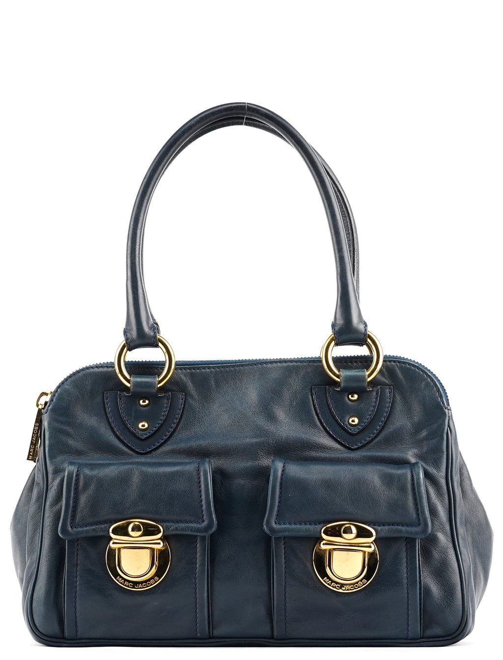 Navy Leather Multi-Pocket Tote Bag