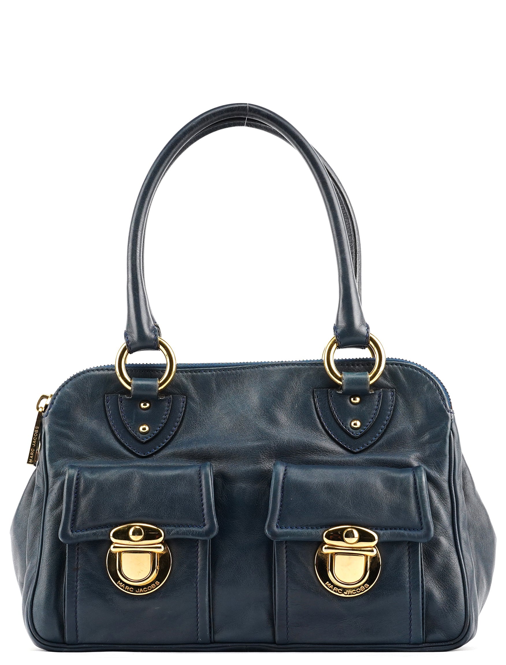 Navy Leather Multi-Pocket Tote Bag