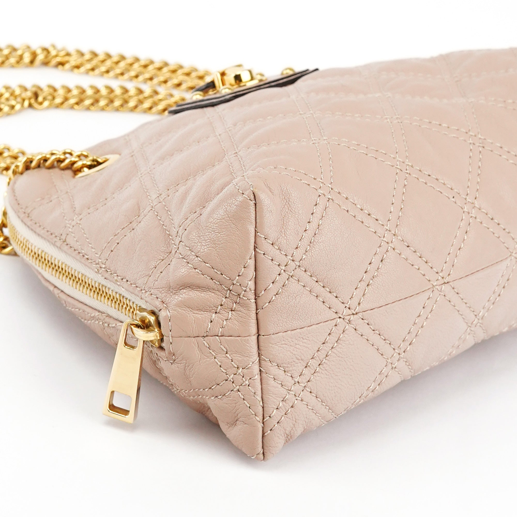 Pink Beige Quilted Leather Chain Shoulder Bag