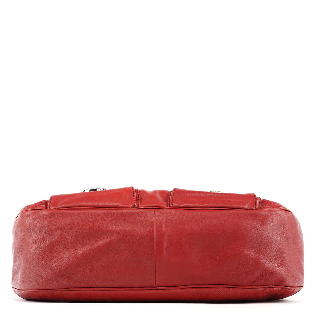 Red Leather Pocket Tote Bag