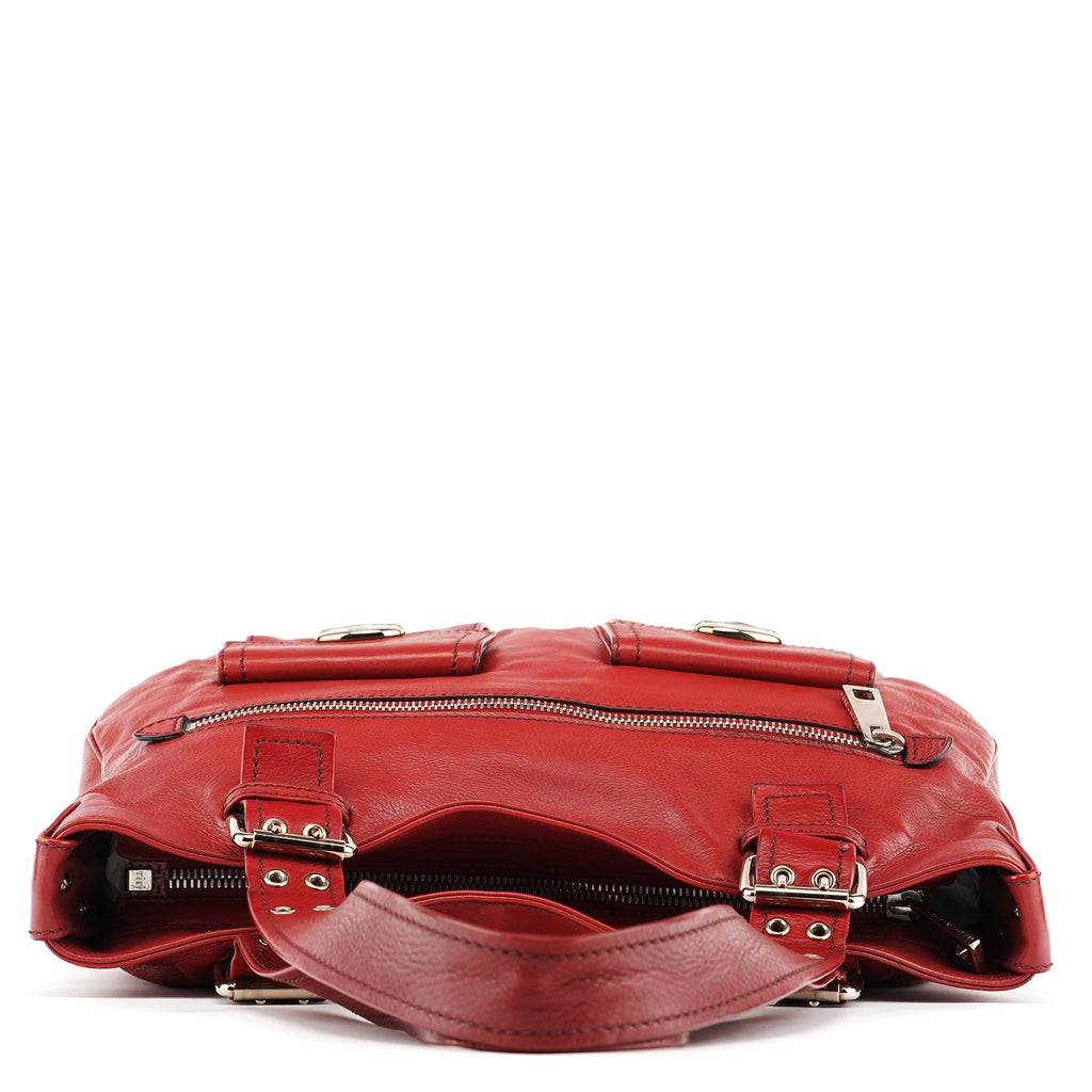 Red Leather Pocket Tote Bag