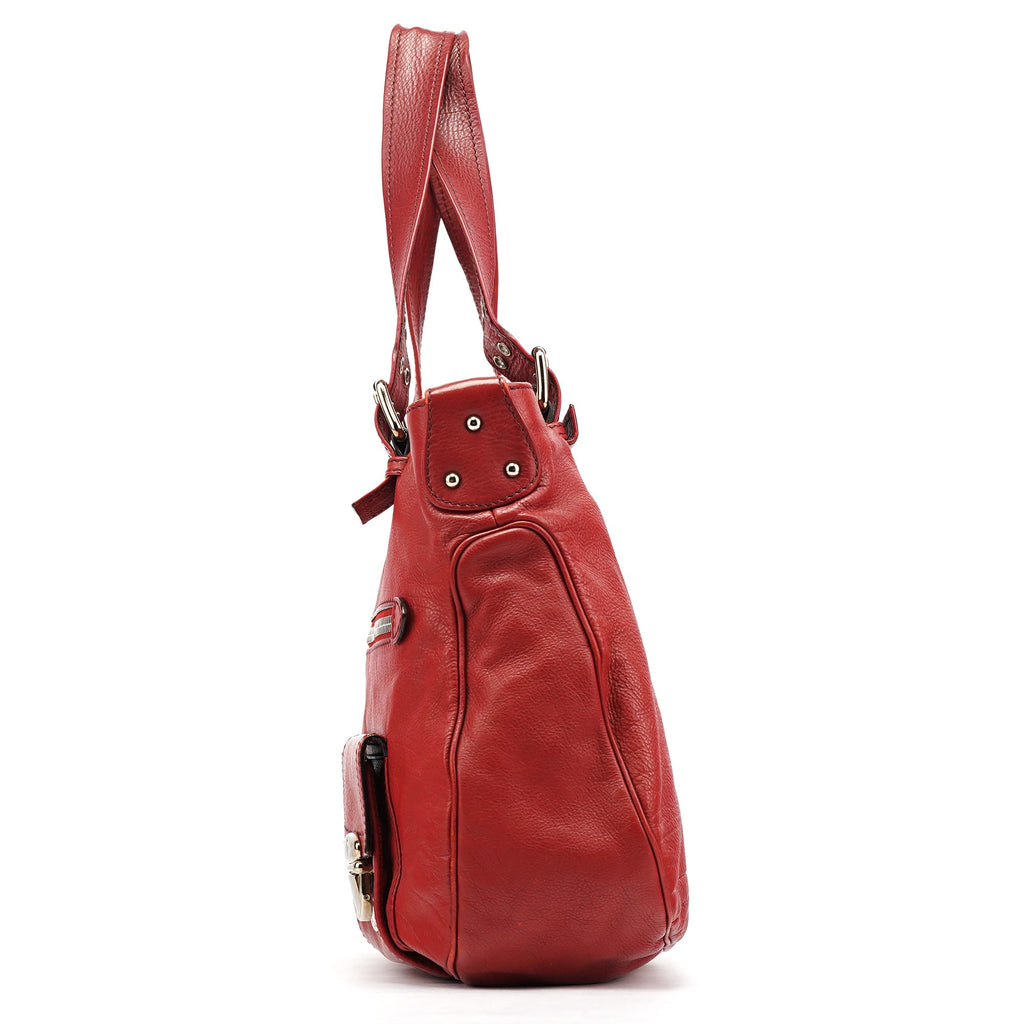 Red Leather Pocket Tote Bag