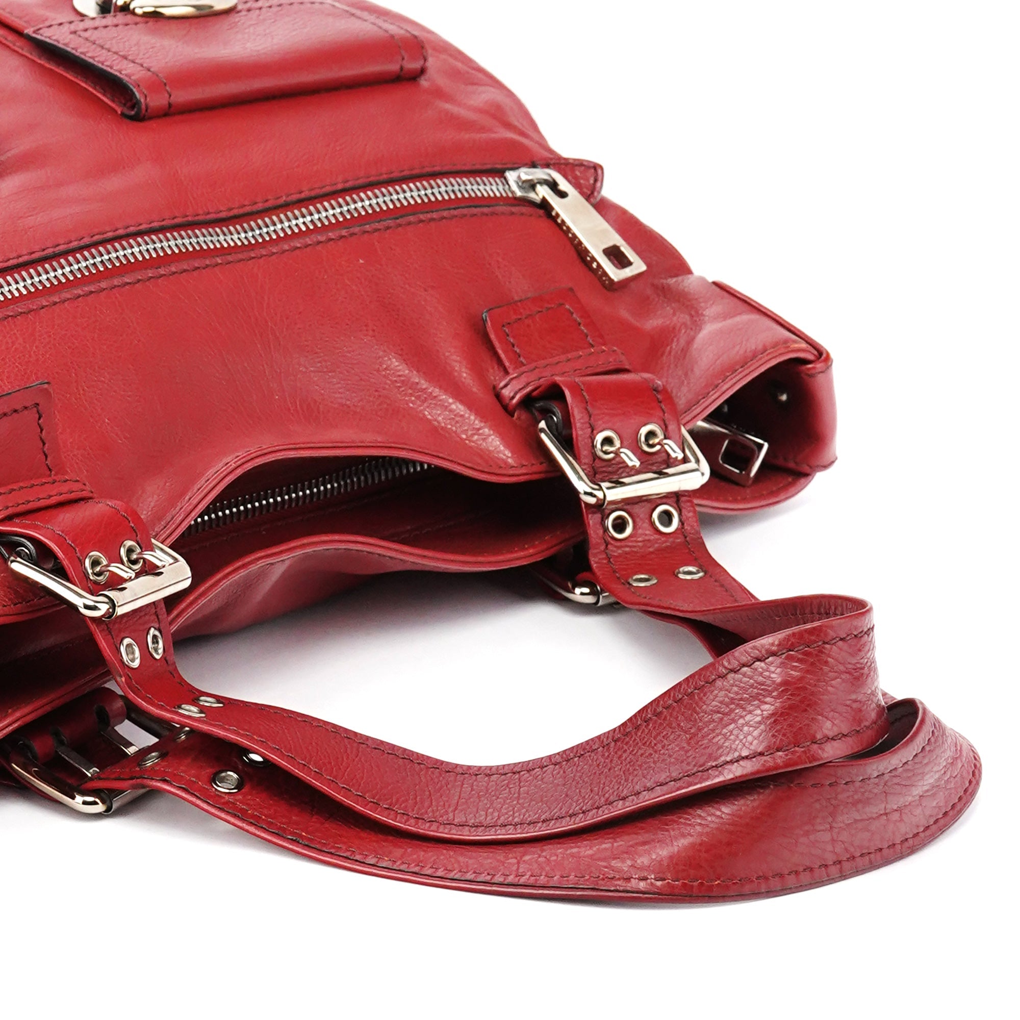 Red Leather Pocket Tote Bag
