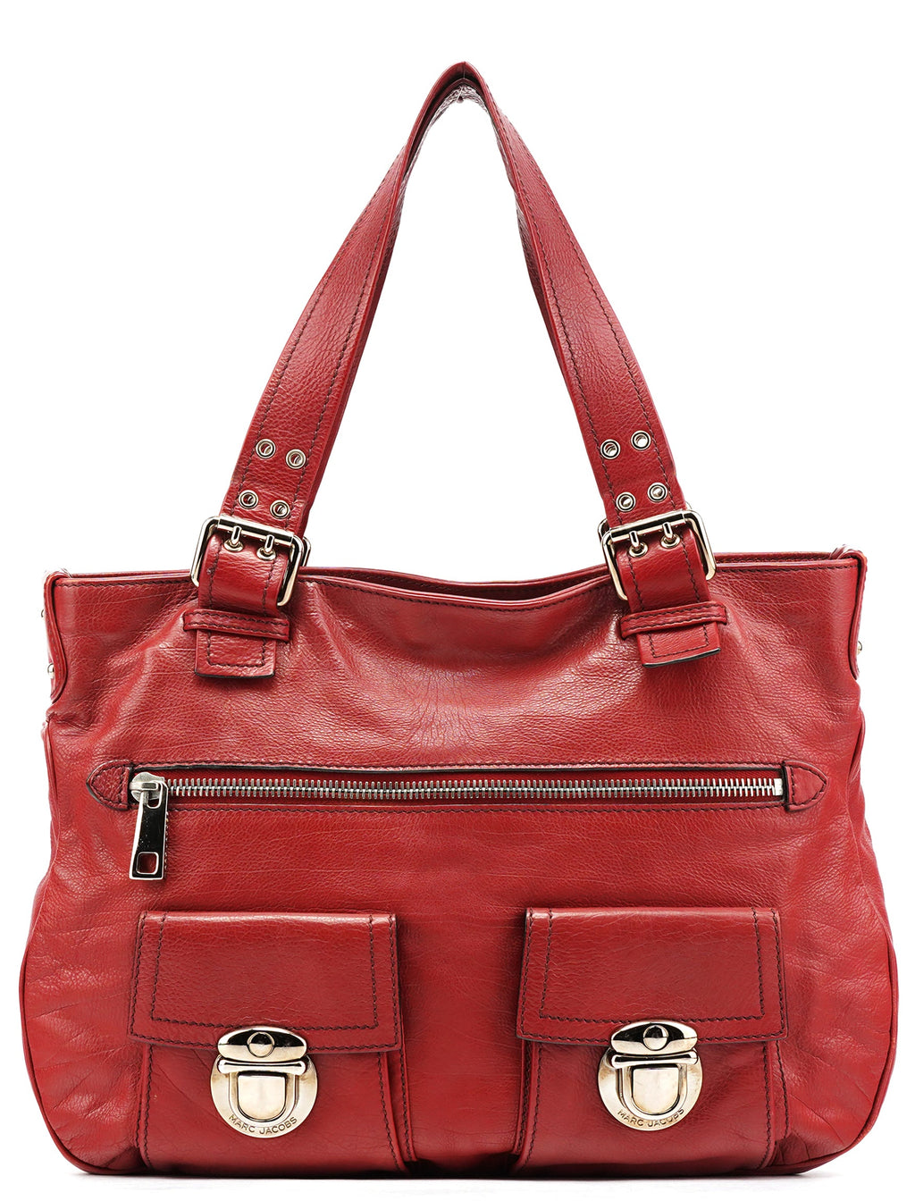 Red Leather Pocket Tote Bag