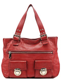 Red Leather Pocket Tote Bag