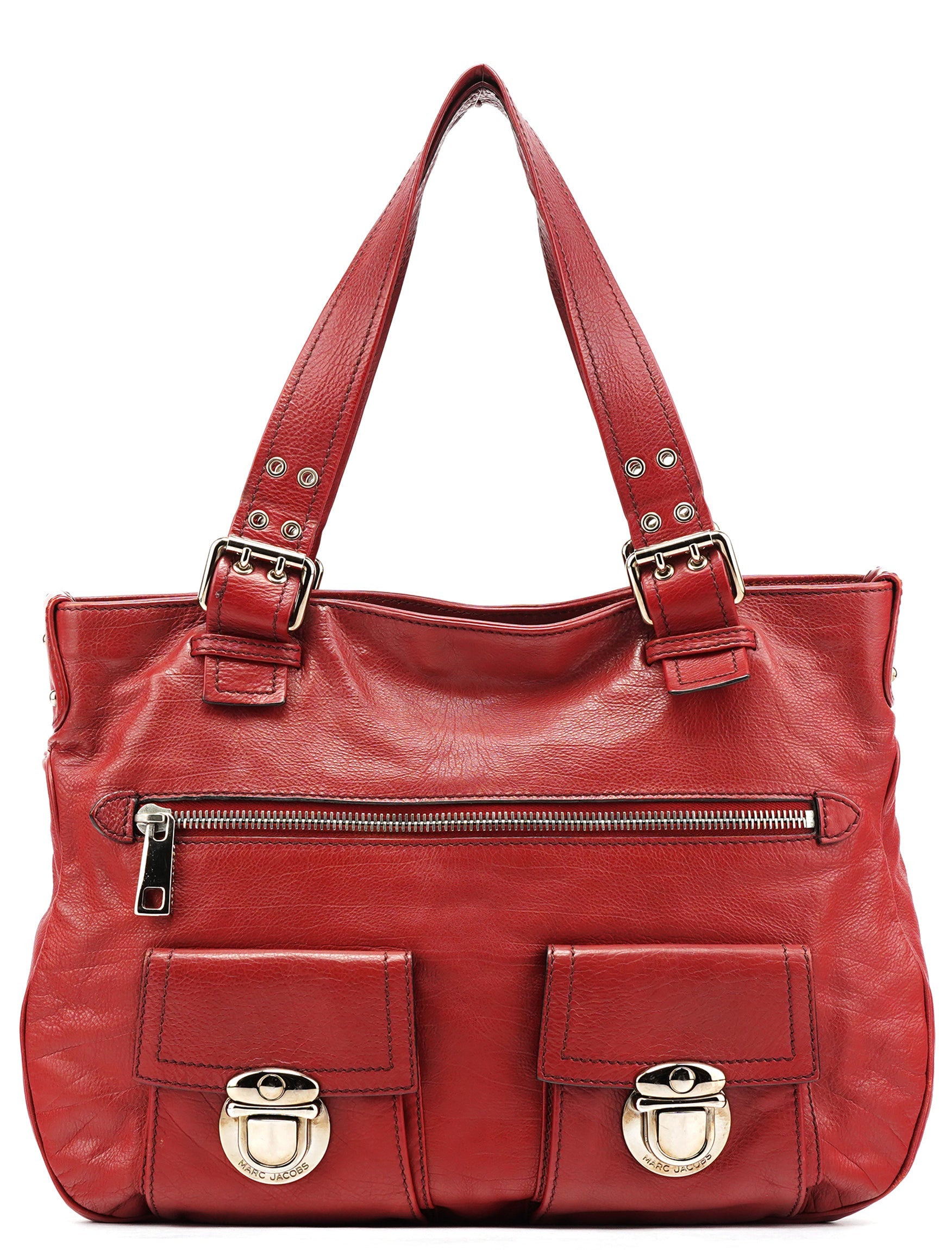 Red Leather Pocket Tote Bag