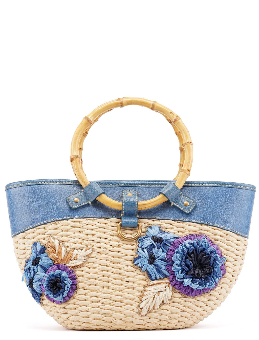 Beige Blue Raffia Bamboo Bag