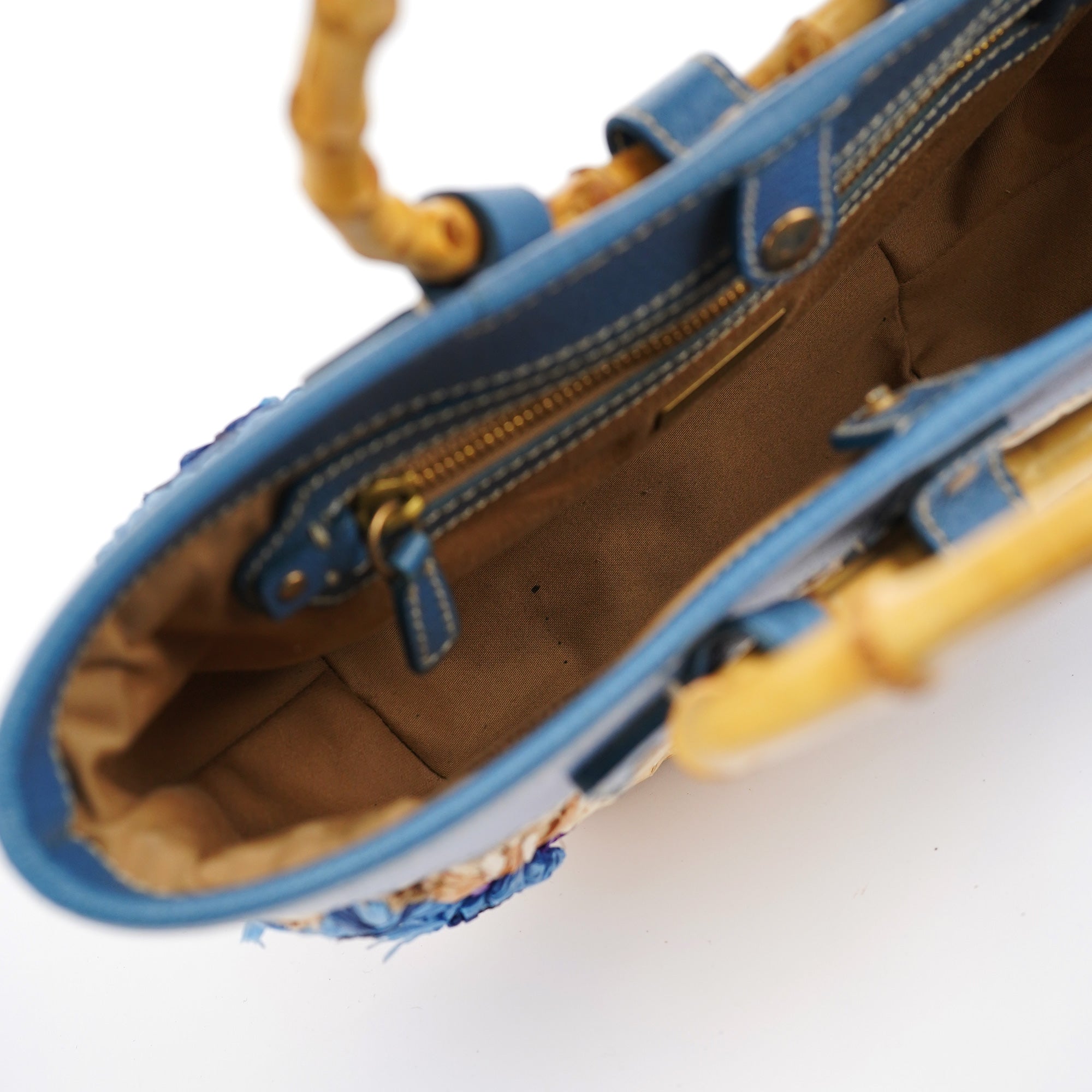 Beige Blue Raffia Bamboo Bag