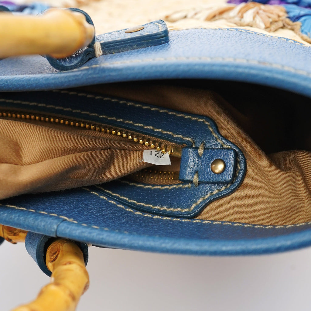 Beige Blue Raffia Bamboo Bag