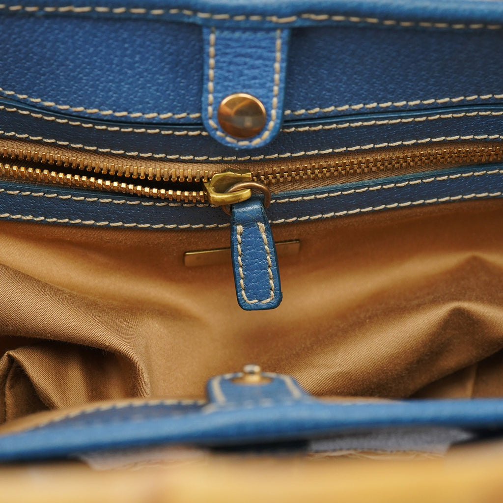 Beige Blue Raffia Bamboo Bag
