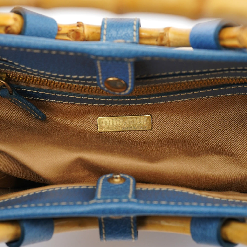 Beige Blue Raffia Bamboo Bag