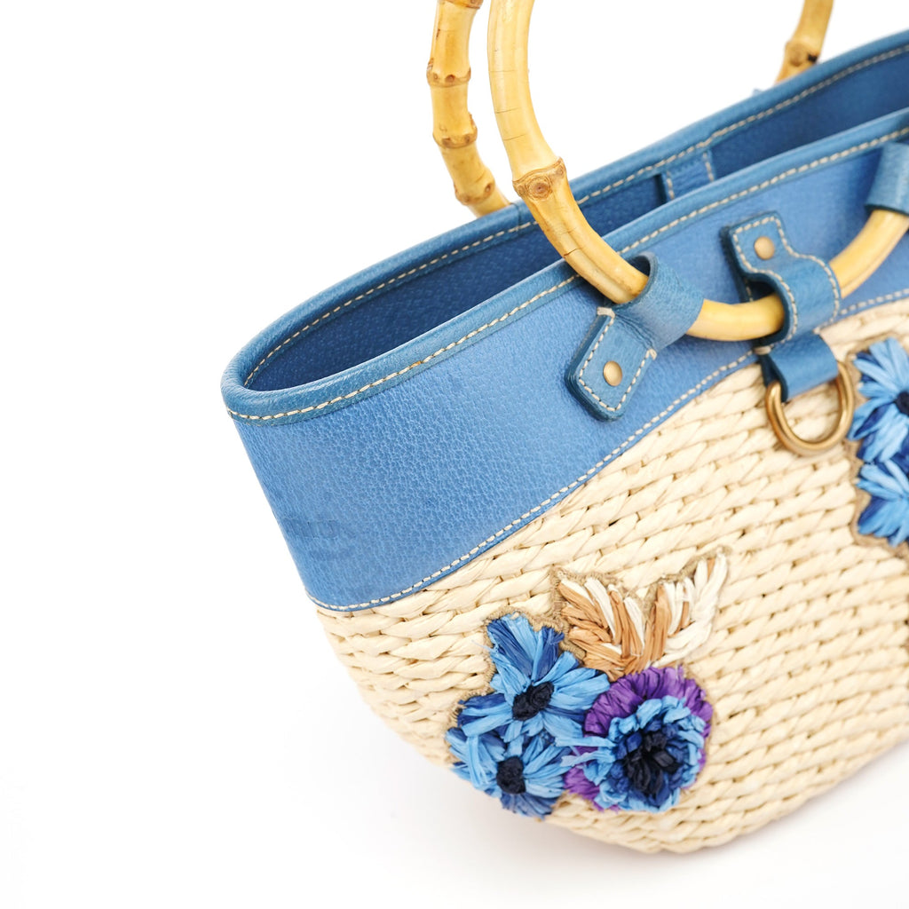 Beige Blue Raffia Bamboo Bag